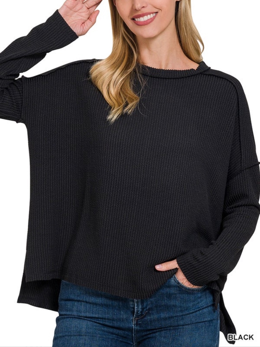 🆕 ZENANA TEXTURED LINE RAW EDGE
BOAT NECK LONG SLEEVE TOP L/XL BLACK